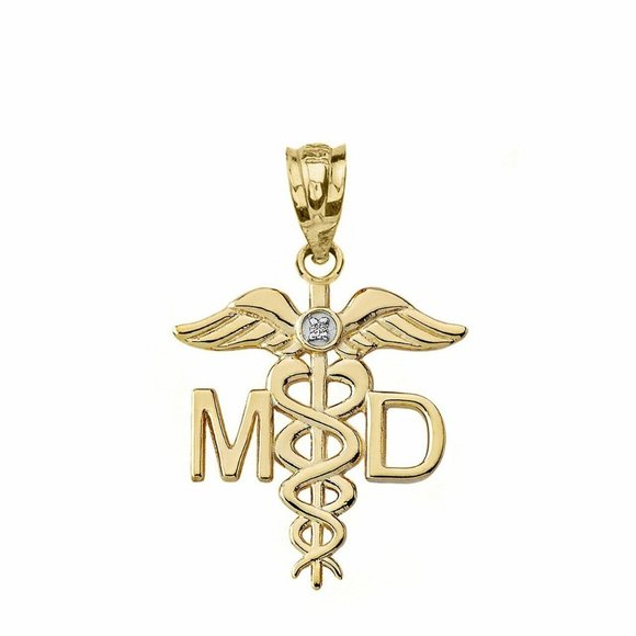 Solid 14k Yellow Gold Diamond MD Medical Doctor Wings Pendant